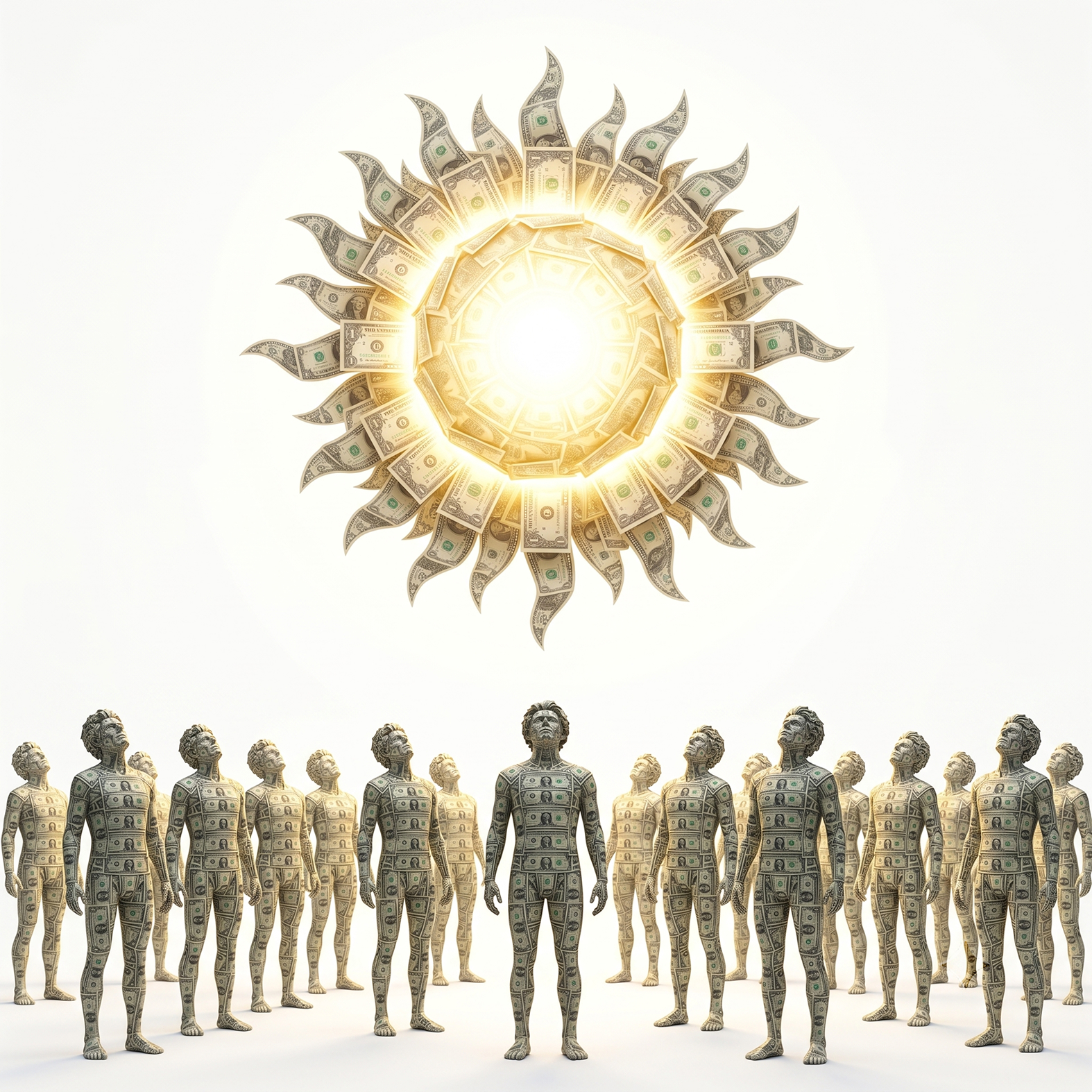 A radiant sun made of dollar bills surrounded by an army of cashmans